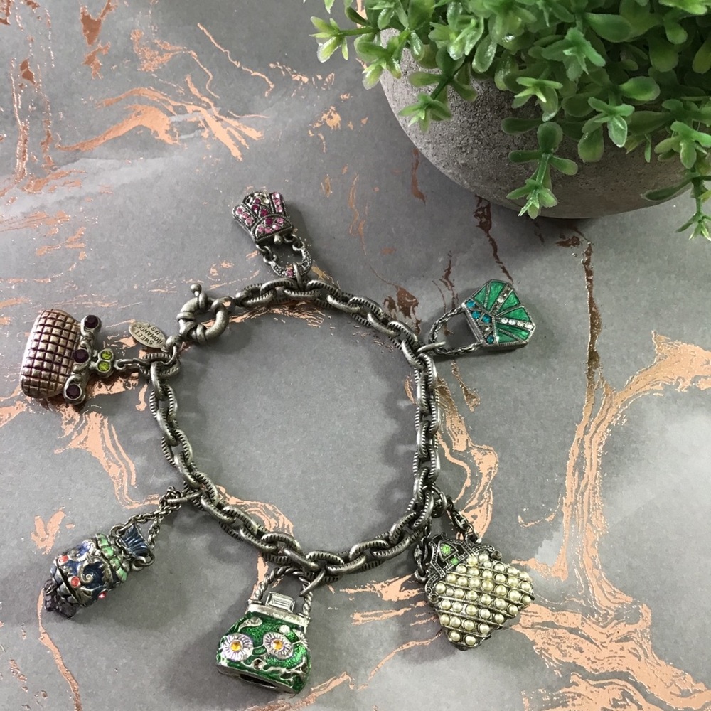 Sweet Romance Charm Bracelet Enamel Purse Charms Silver Tone